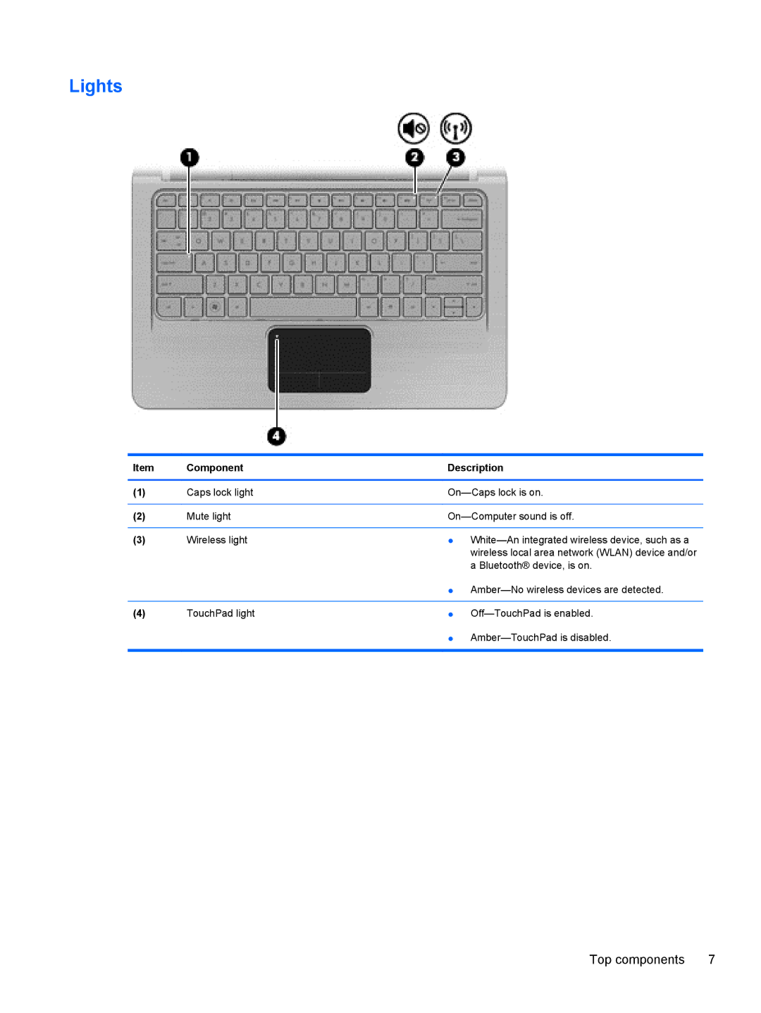 HP DM3 manual Lights, Component Description 