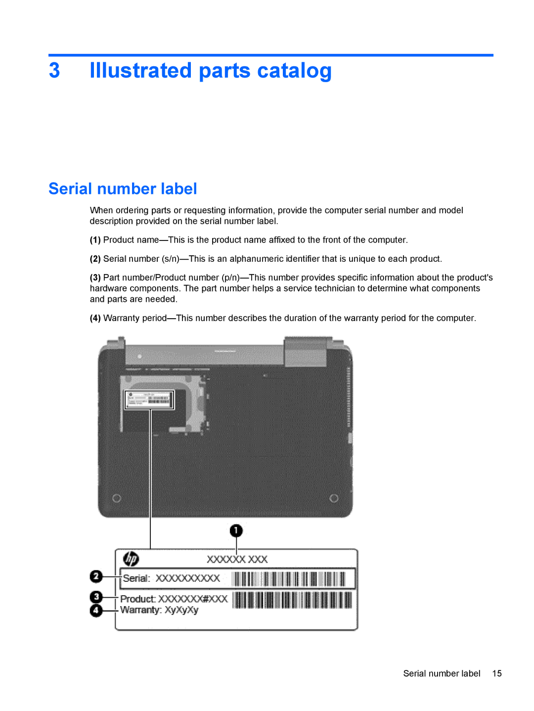 HP DM3 manual Illustrated parts catalog, Serial number label 