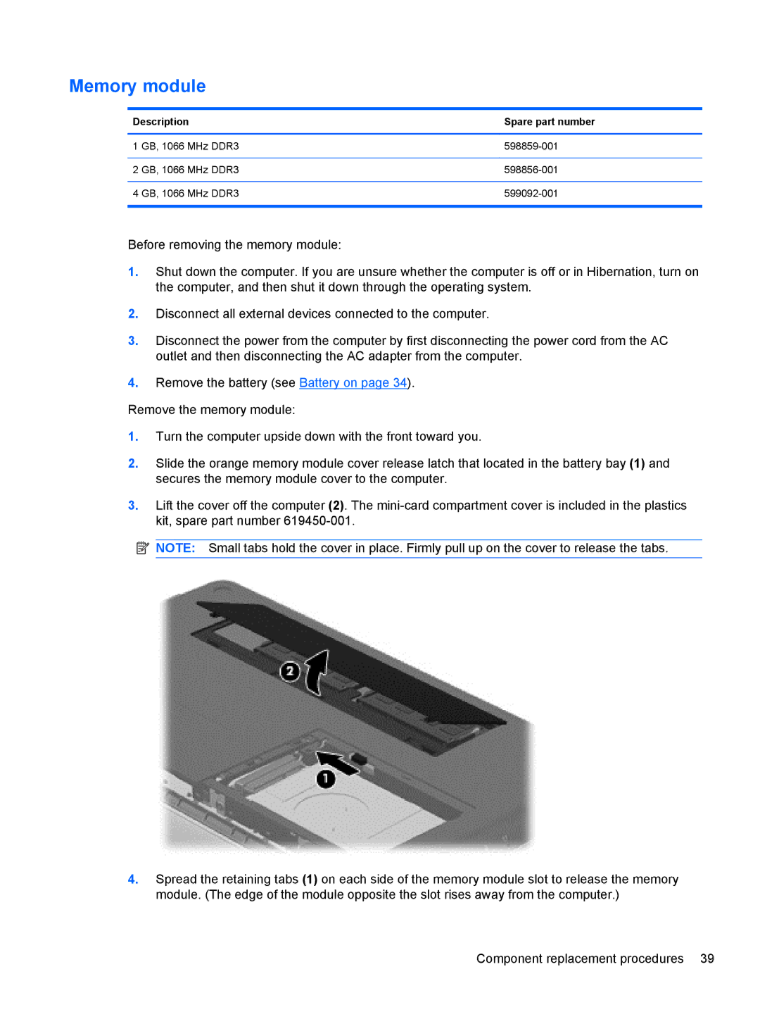 HP DM3 manual Memory module, Description Spare part number 