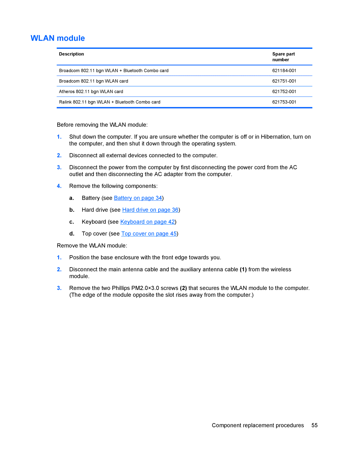 HP DM3 manual Wlan module, Description Spare part Number 