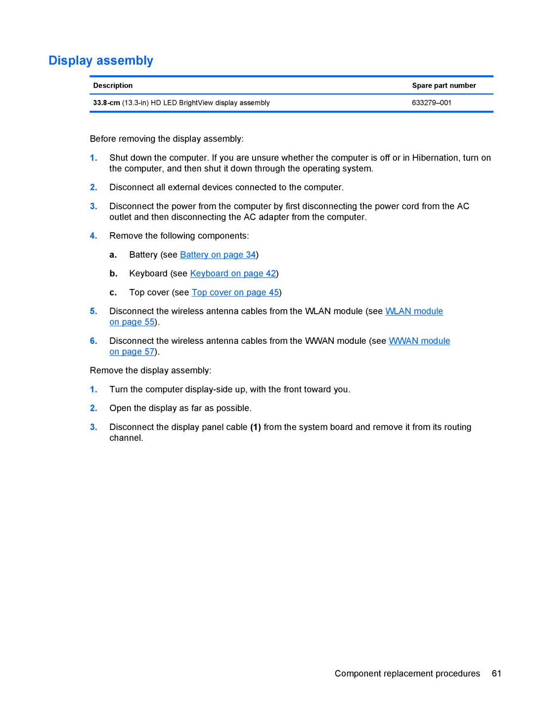 HP DM3 manual Display assembly 