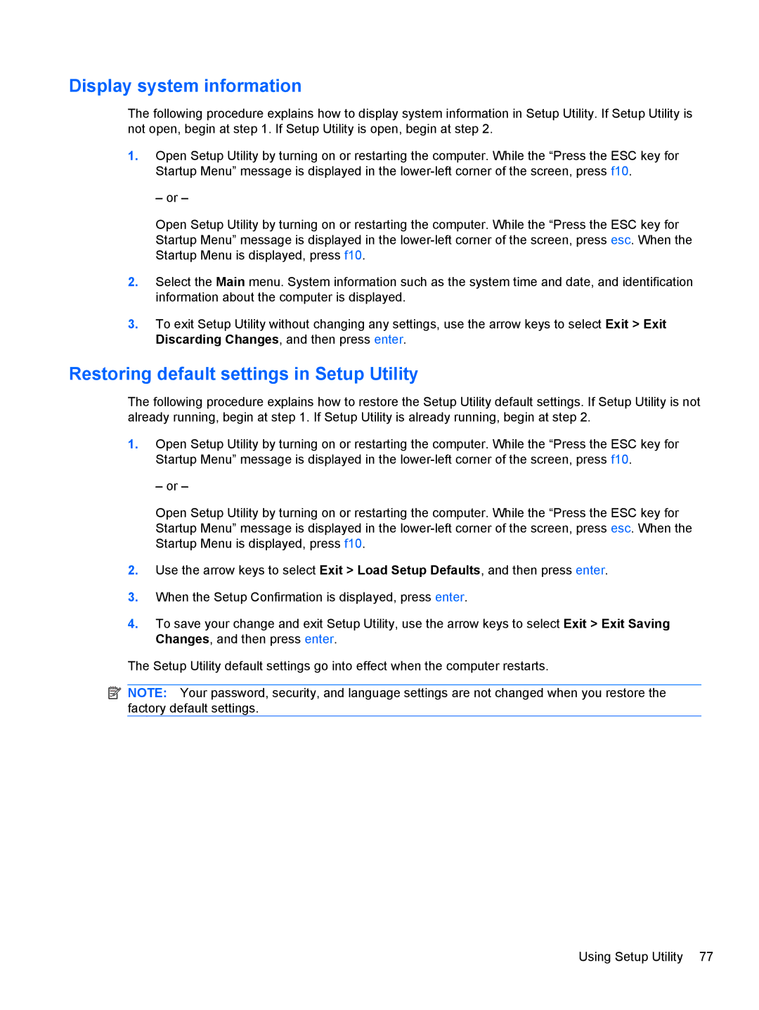 HP DM3 manual Display system information, Restoring default settings in Setup Utility 