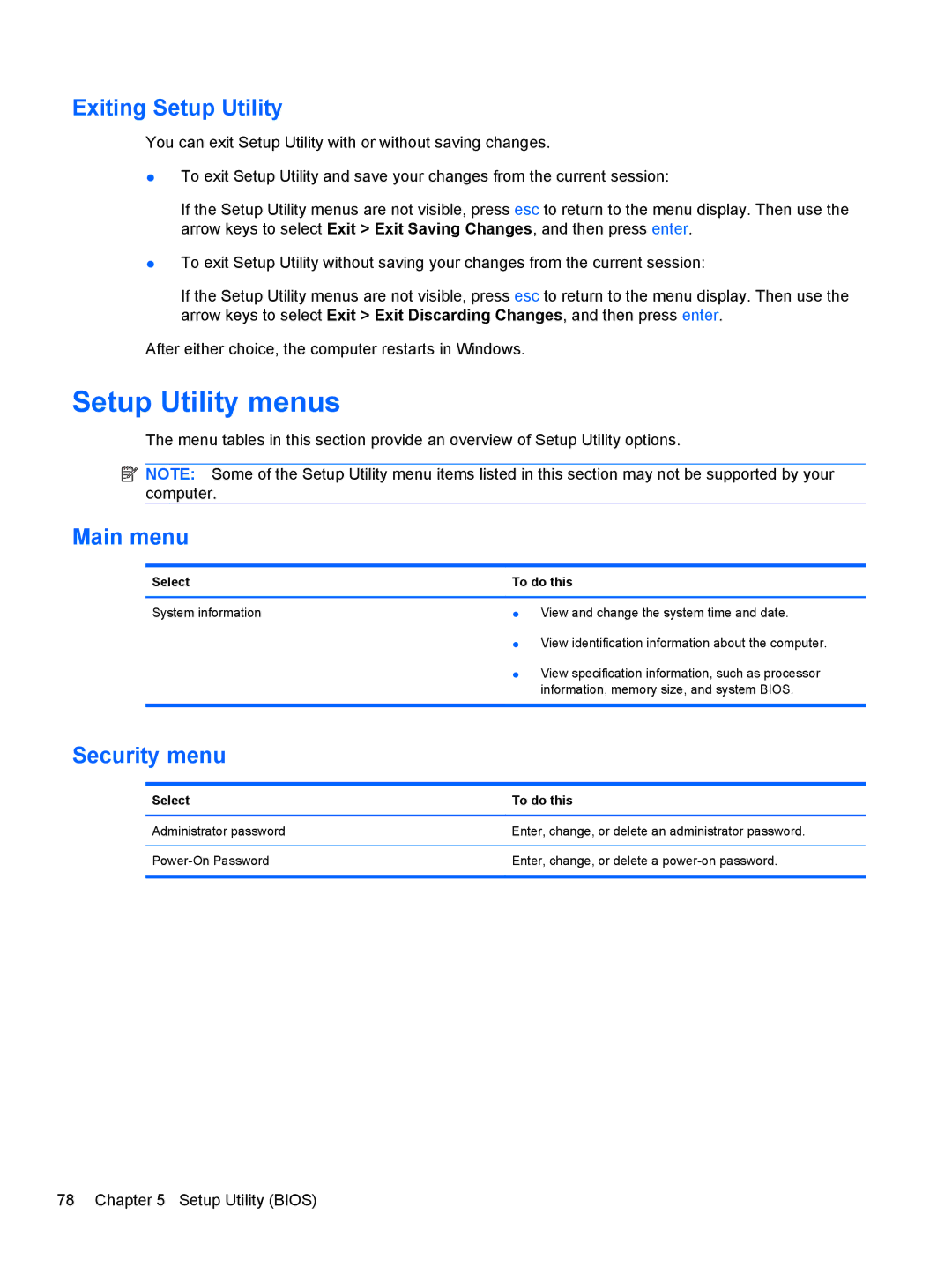 HP DM3 manual Setup Utility menus, Exiting Setup Utility, Main menu, Security menu, Select To do this 