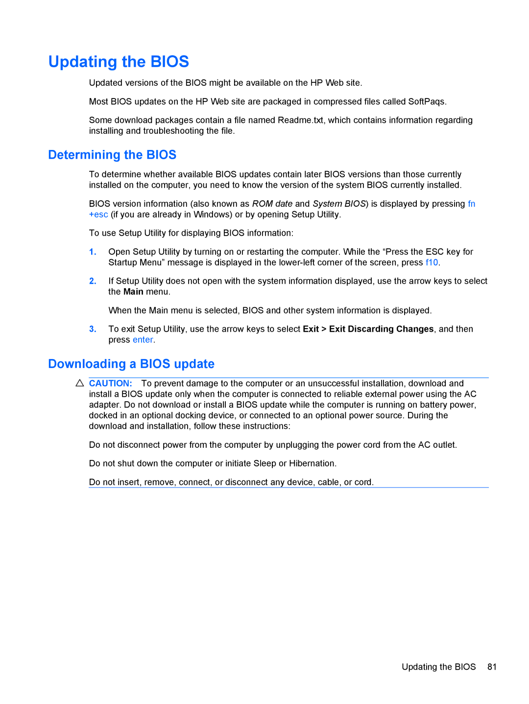 HP DM3 manual Updating the Bios, Determining the Bios, Downloading a Bios update 