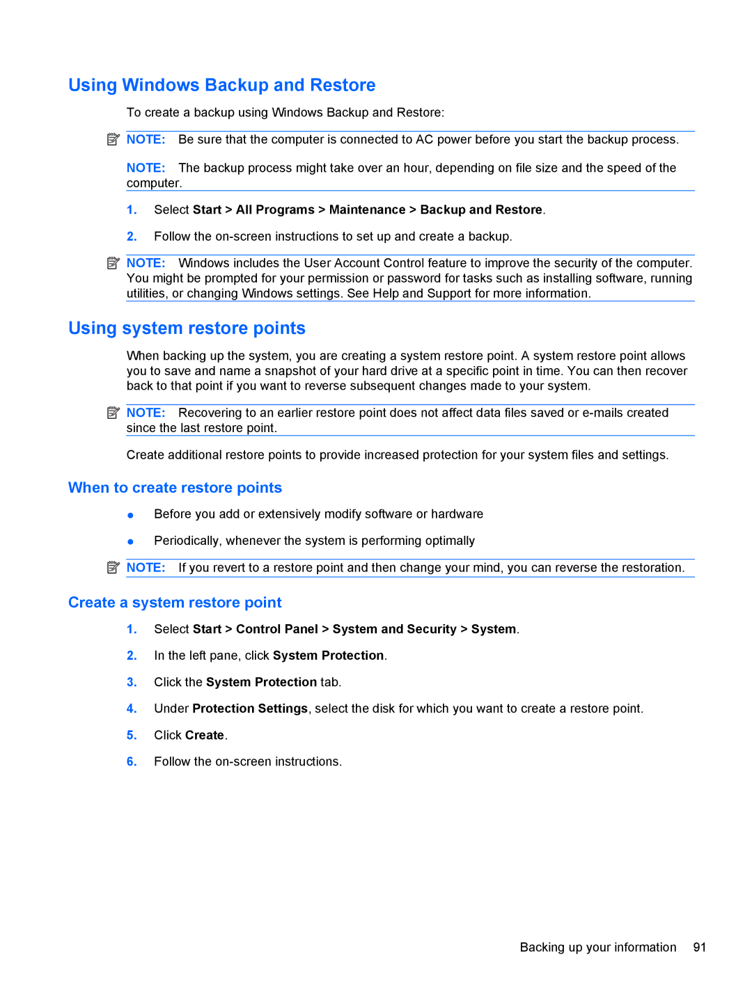 HP DM3 manual Using Windows Backup and Restore, Using system restore points 