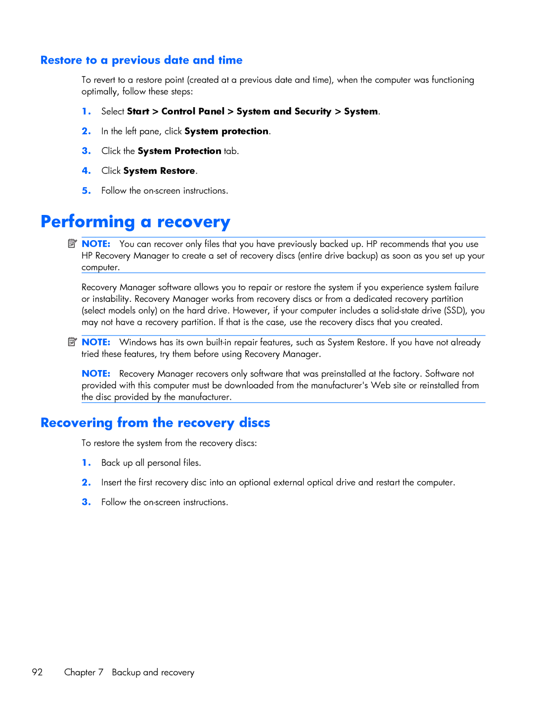 HP DM3 manual Performing a recovery, Recovering from the recovery discs 