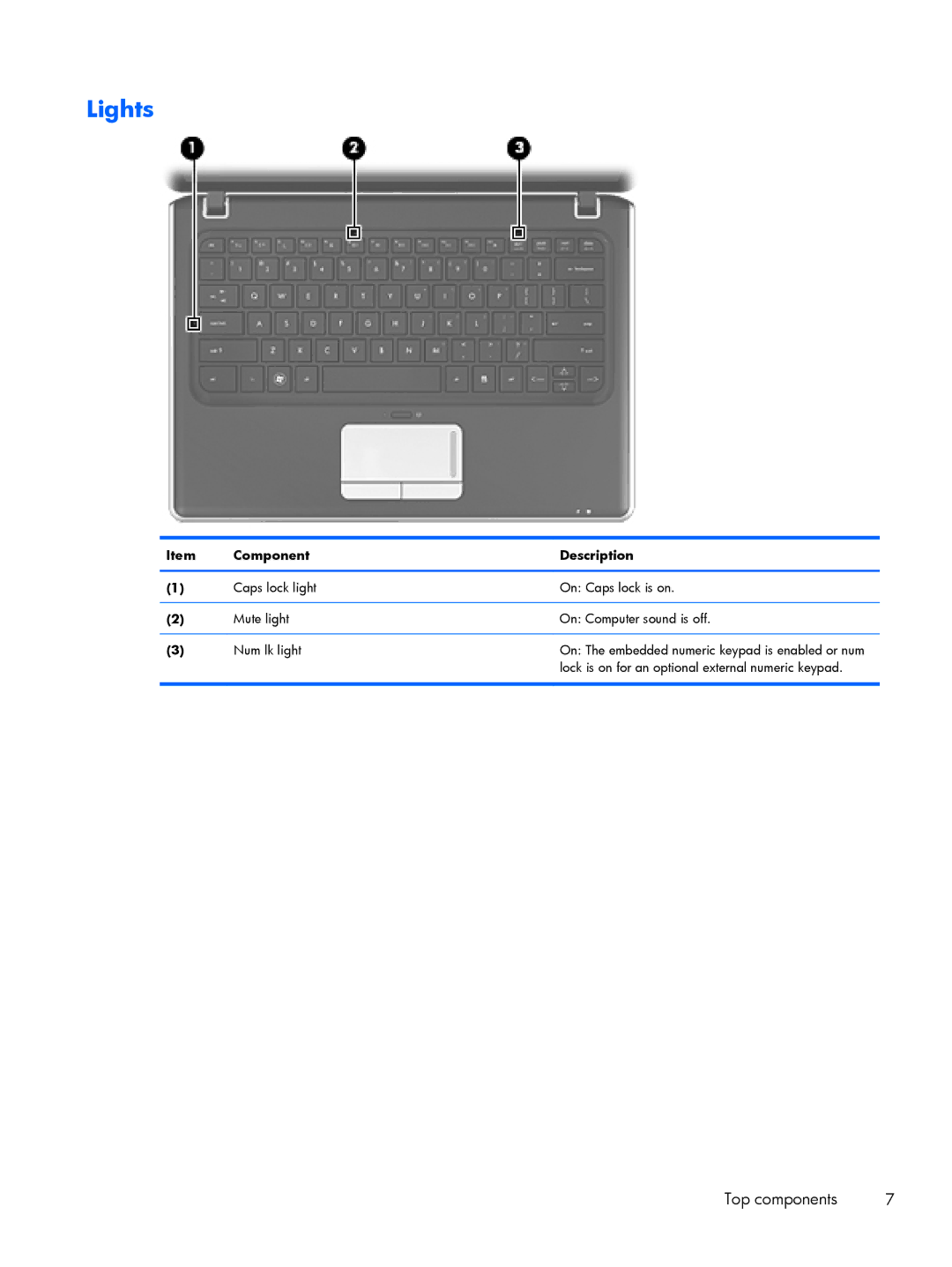 HP DM3 manual Lights, Component Description 