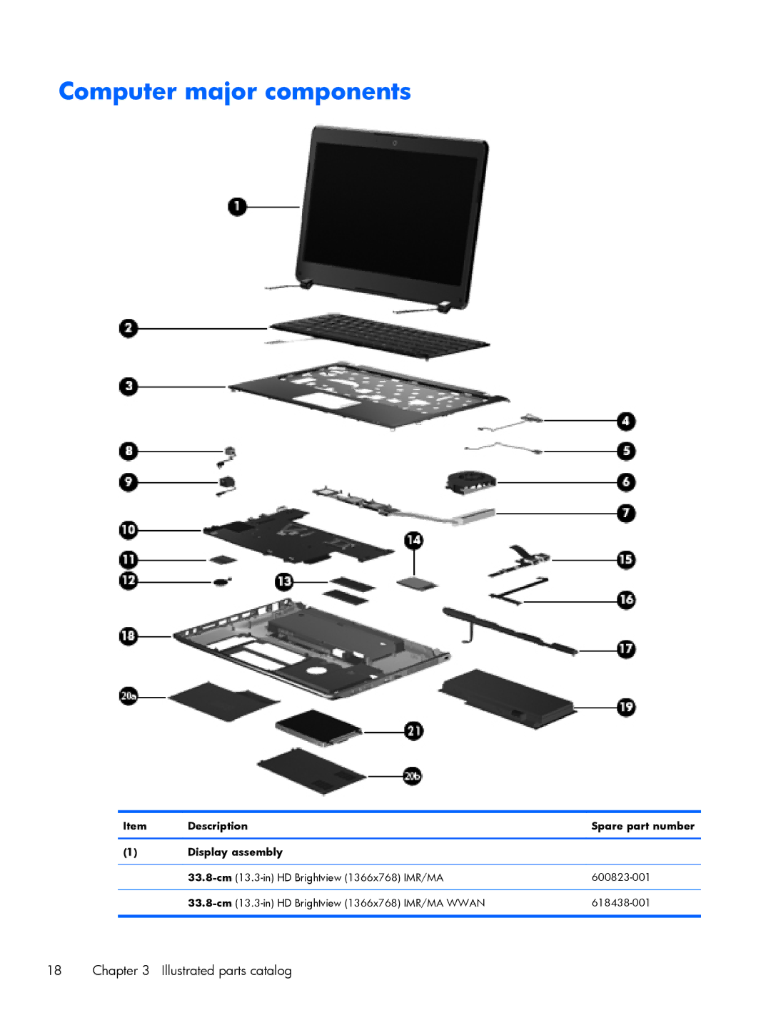 HP DM3 manual Computer major components, 600823-001, 618438-001 