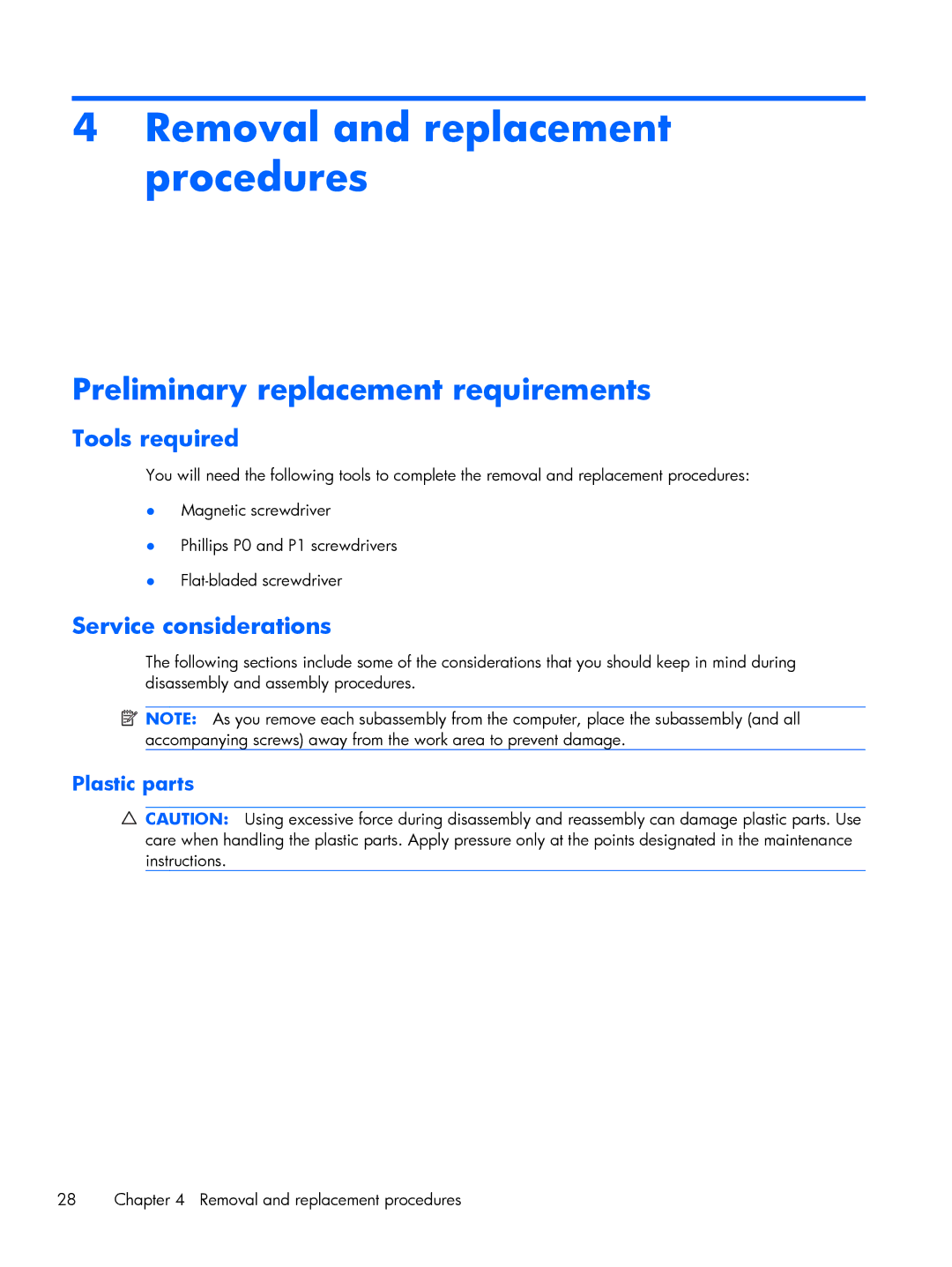 HP DM3 Removal and replacement procedures, Preliminary replacement requirements, Tools required, Service considerations 