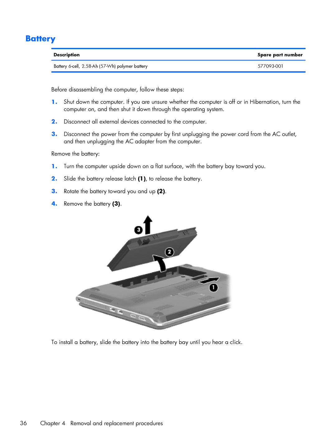 HP DM3 manual Battery, Description Spare part number 