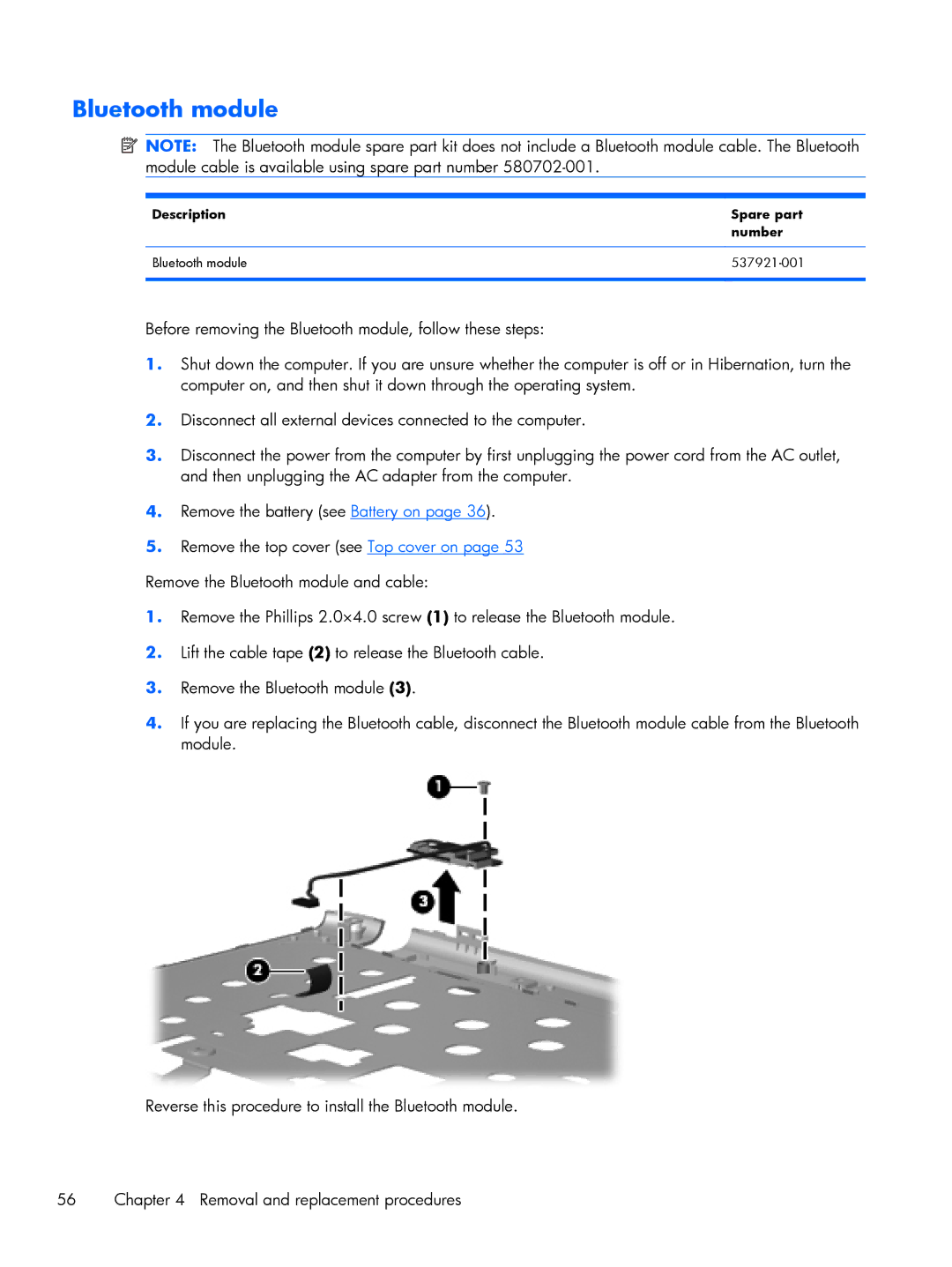 HP DM3 manual Description Spare part Number Bluetooth module 537921-001 