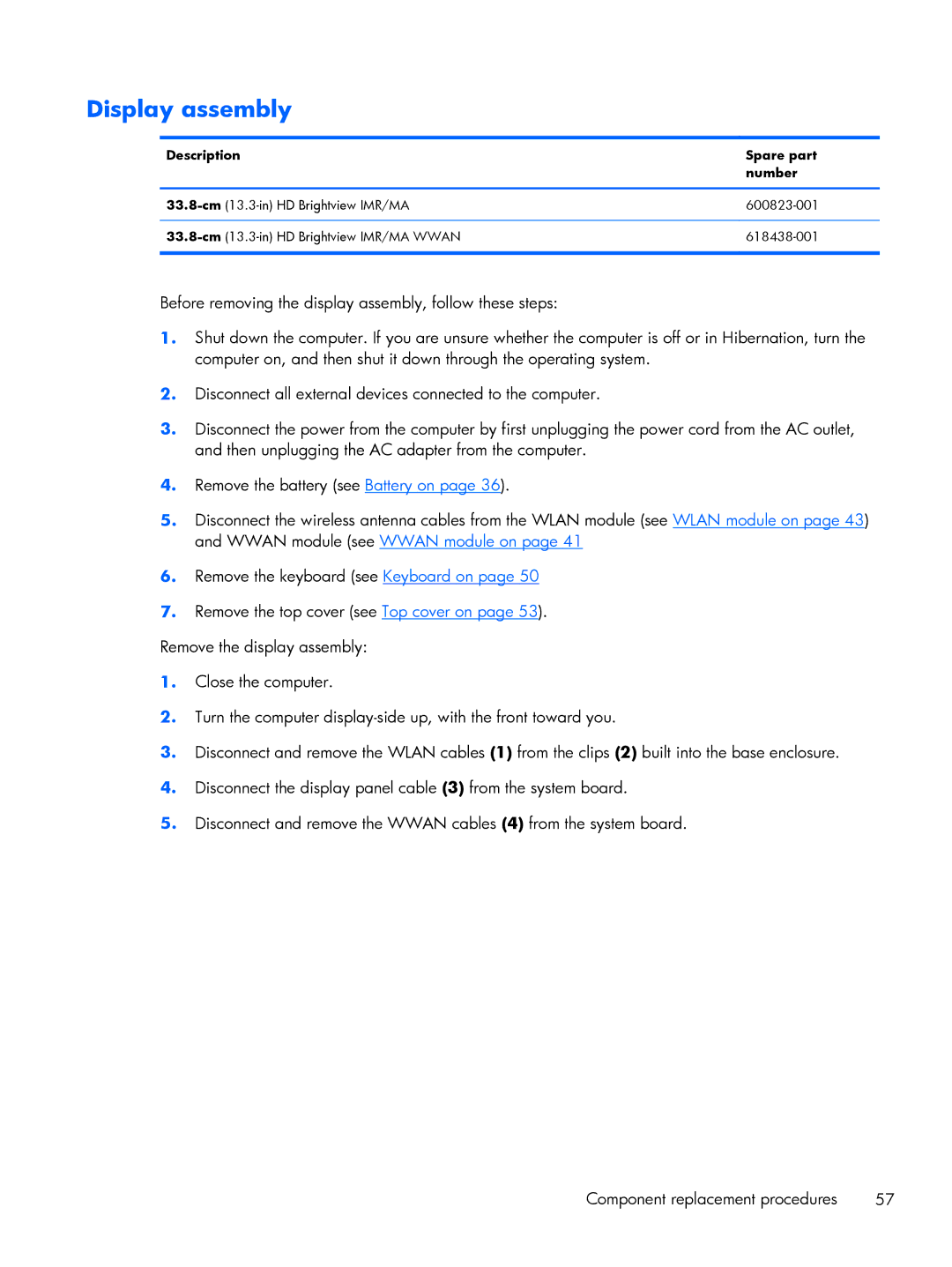 HP DM3 manual Display assembly 