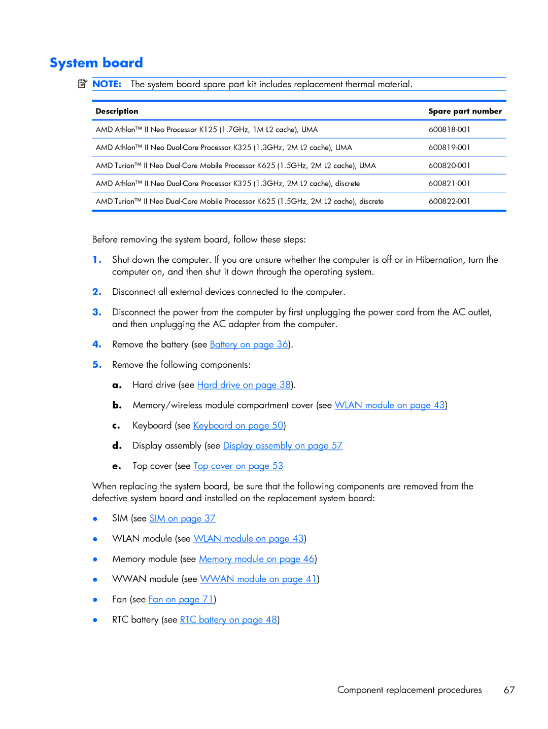 HP DM3 manual System board, Description Spare part number 