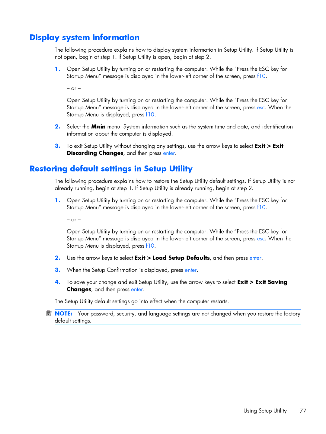 HP DM3 manual Display system information, Restoring default settings in Setup Utility 