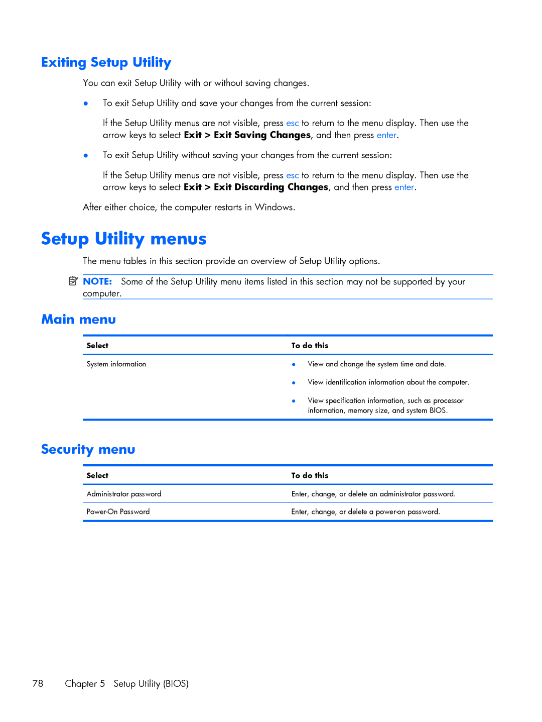 HP DM3 manual Setup Utility menus, Exiting Setup Utility, Main menu, Security menu, Select To do this 