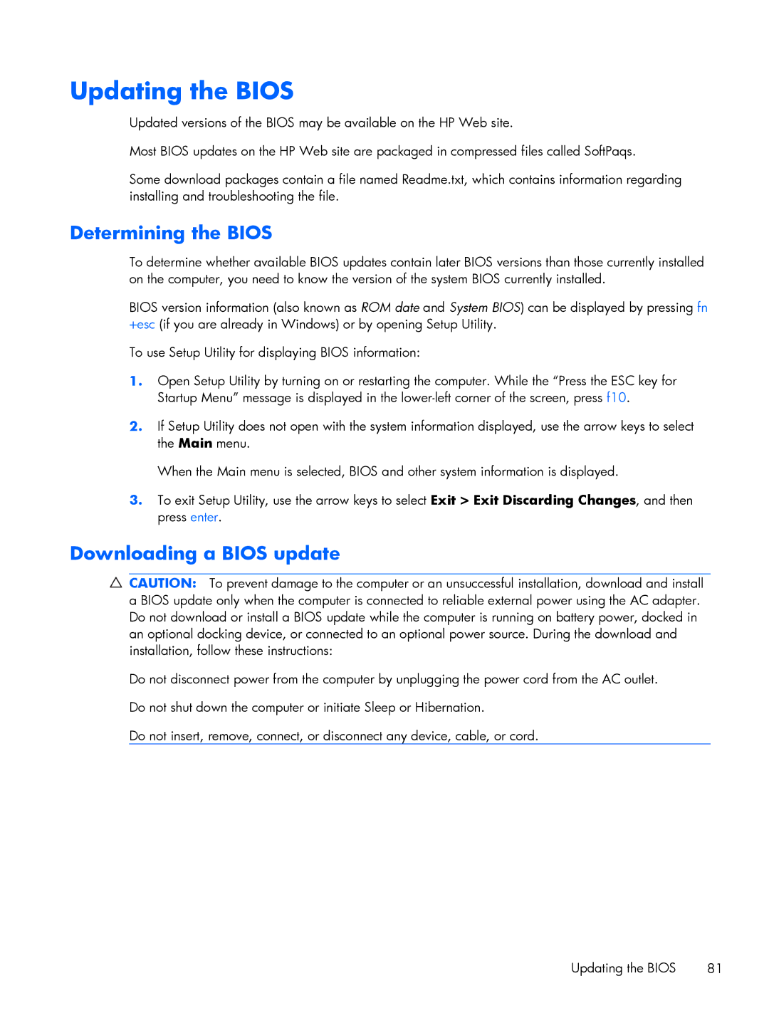 HP DM3 manual Updating the Bios, Determining the Bios, Downloading a Bios update 