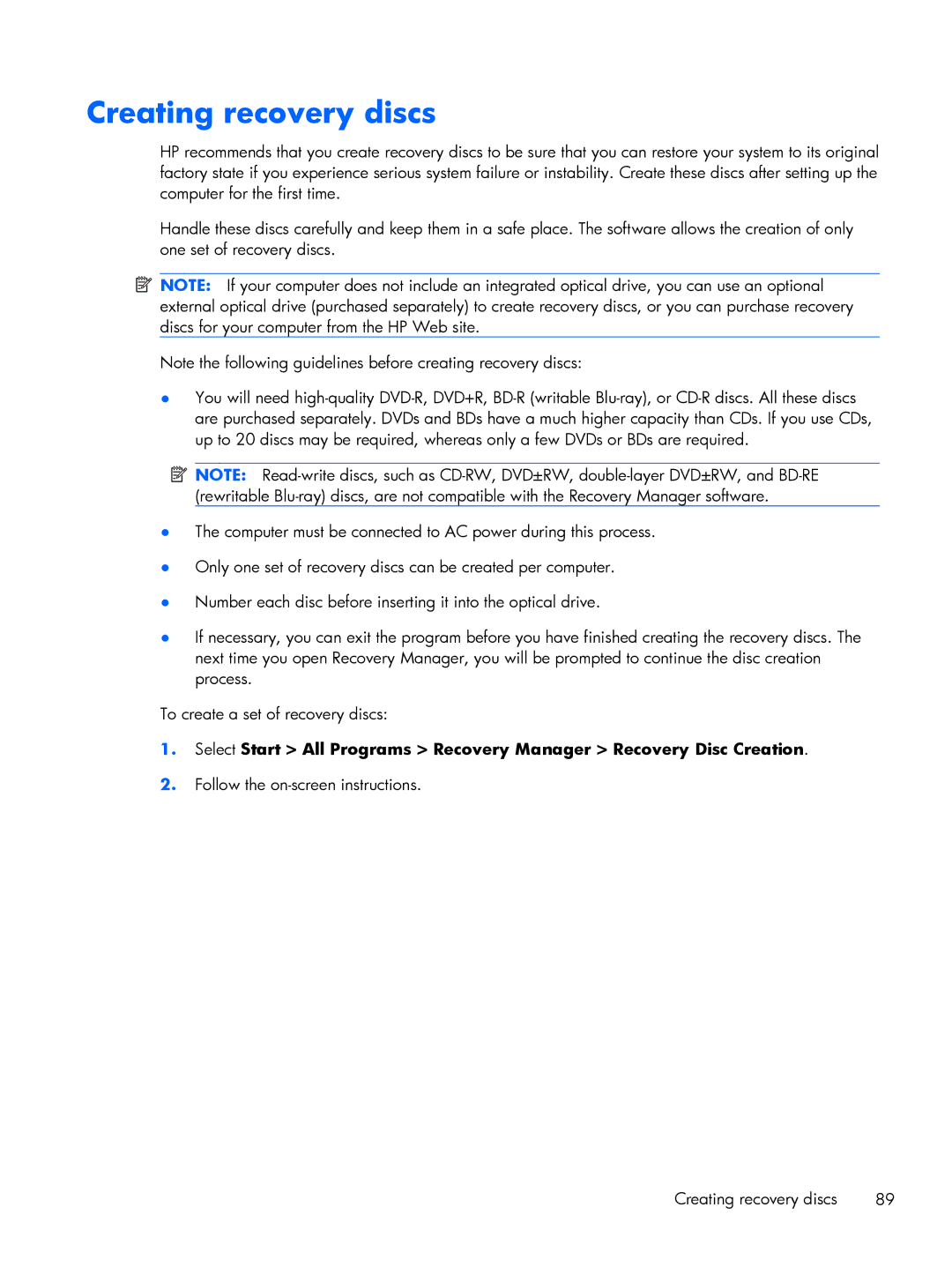 HP DM3 manual Creating recovery discs 