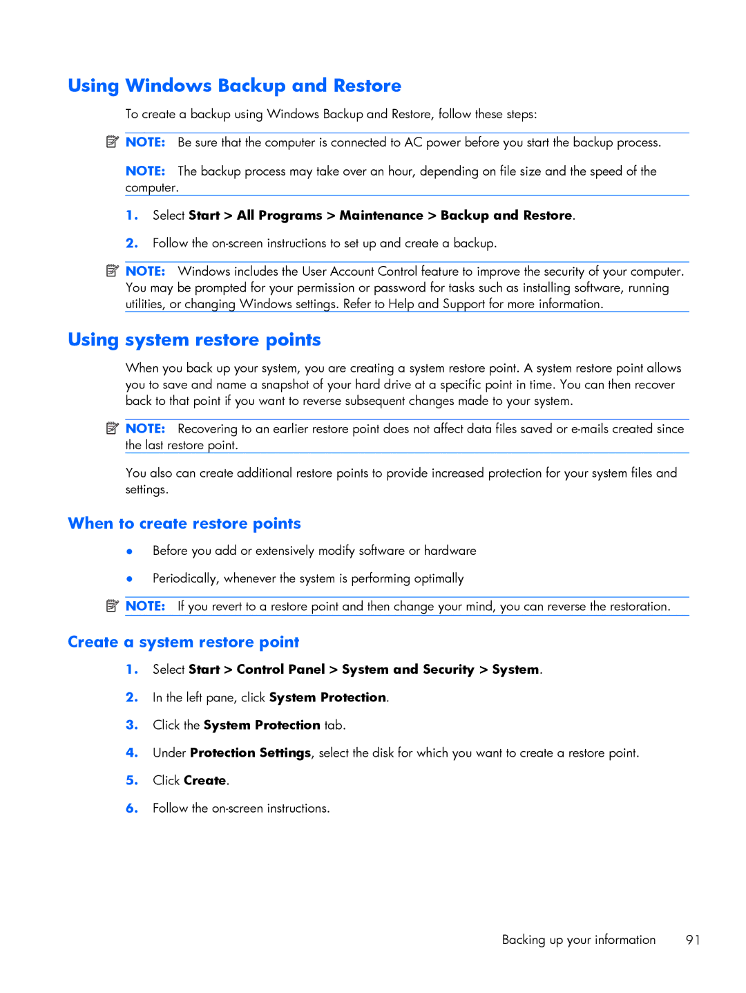 HP DM3 manual Using Windows Backup and Restore, Using system restore points 