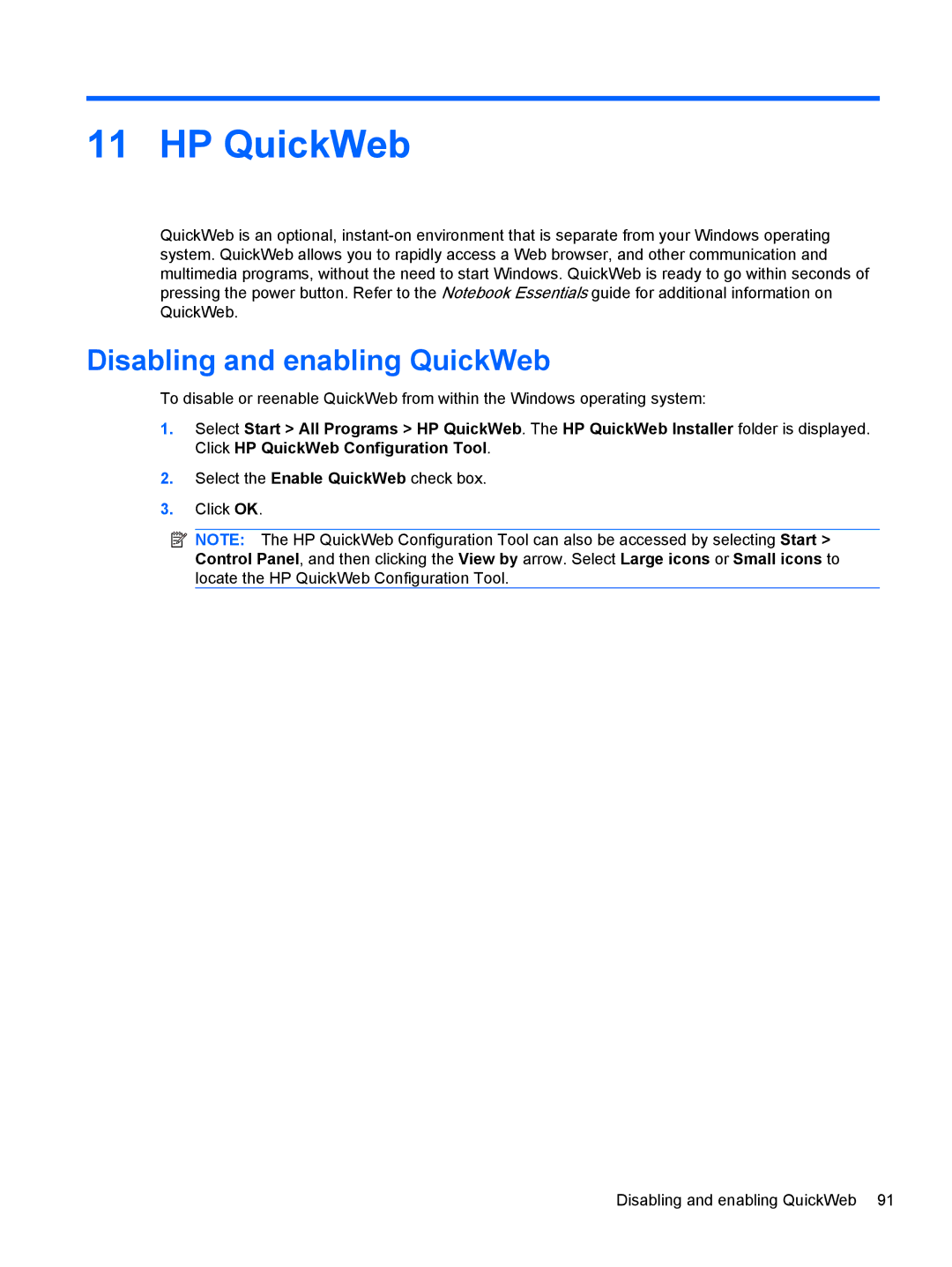 HP dm4-1160us, dm4-1162us manual HP QuickWeb, Disabling and enabling QuickWeb 