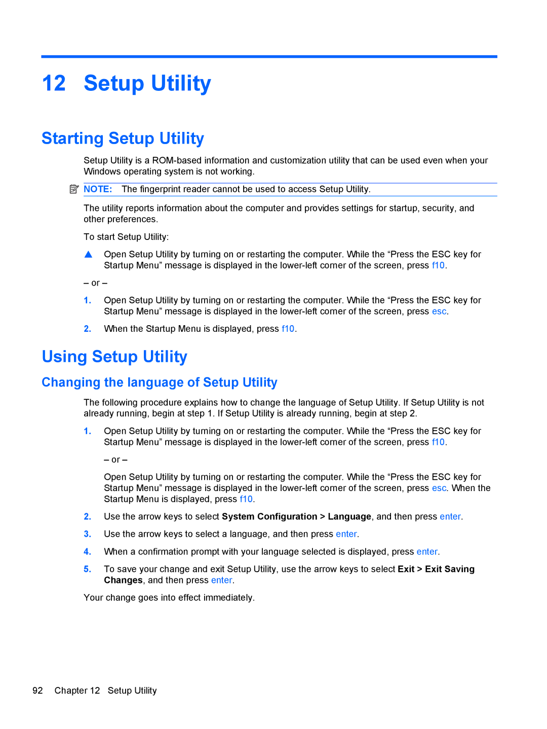 HP dm4-1162us, dm4-1160us manual Starting Setup Utility, Using Setup Utility, Changing the language of Setup Utility 