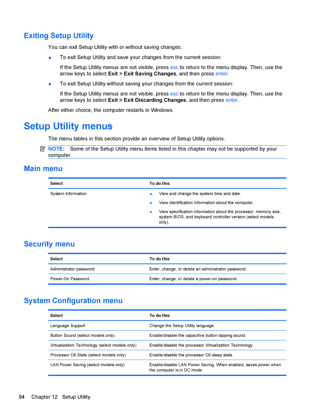 HP dm4-1162us, dm4-1160us Setup Utility menus, Exiting Setup Utility, Main menu, Security menu, System Configuration menu 