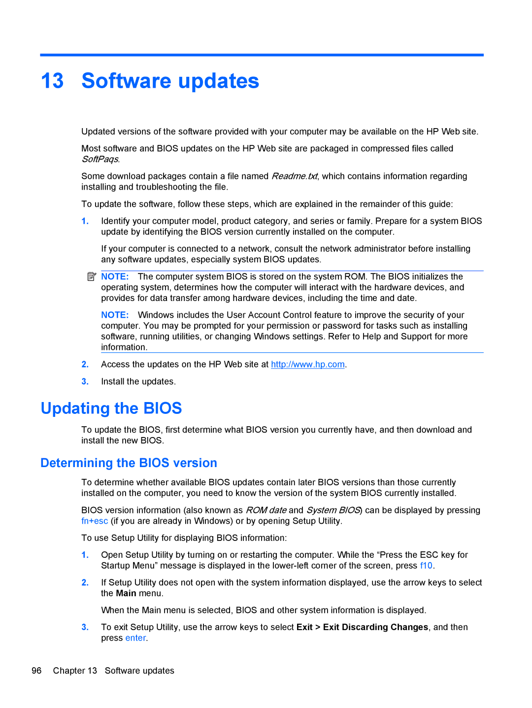 HP dm4-1162us, dm4-1160us manual Software updates, Updating the Bios, Determining the Bios version 