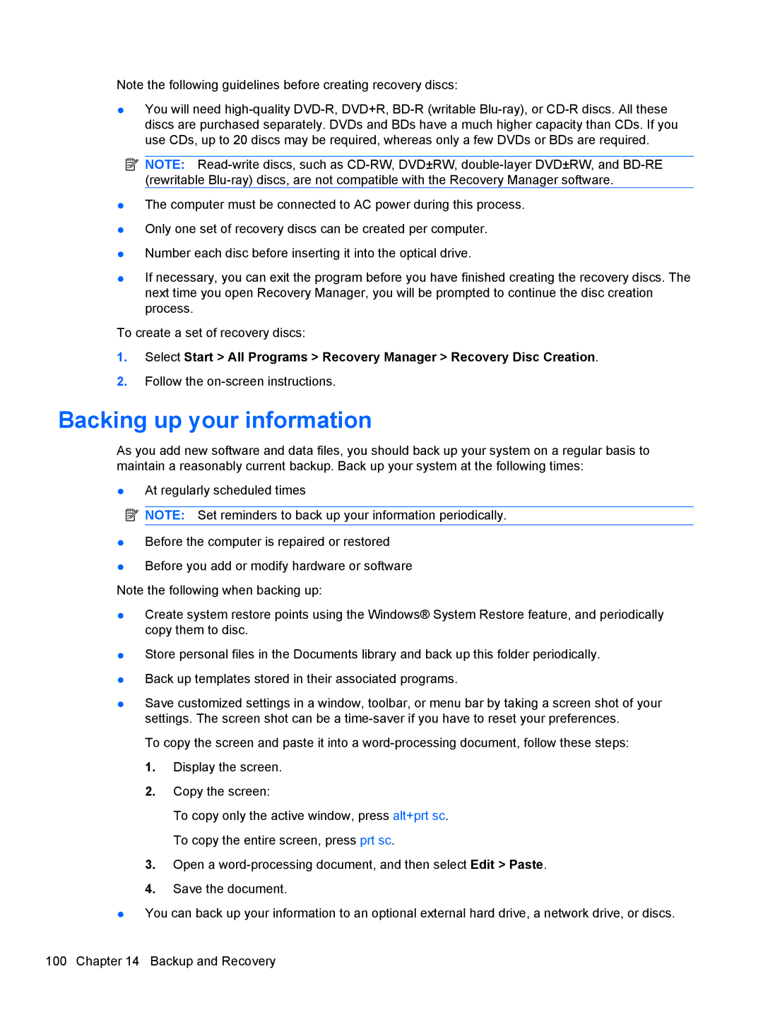 HP dm4-1162us, dm4-1160us manual Backing up your information 