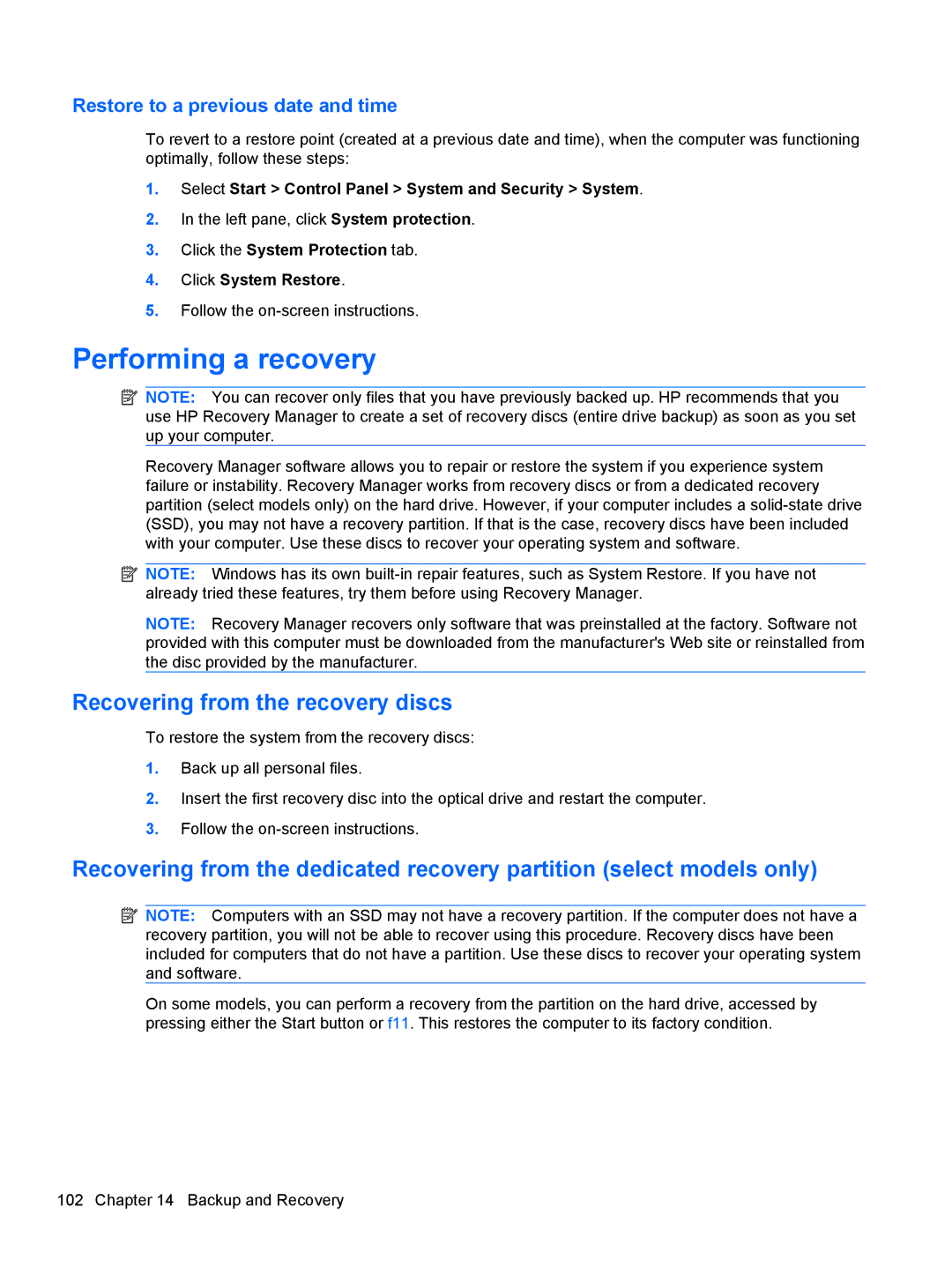 HP dm4-1162us, dm4-1160us Performing a recovery, Recovering from the recovery discs, Restore to a previous date and time 