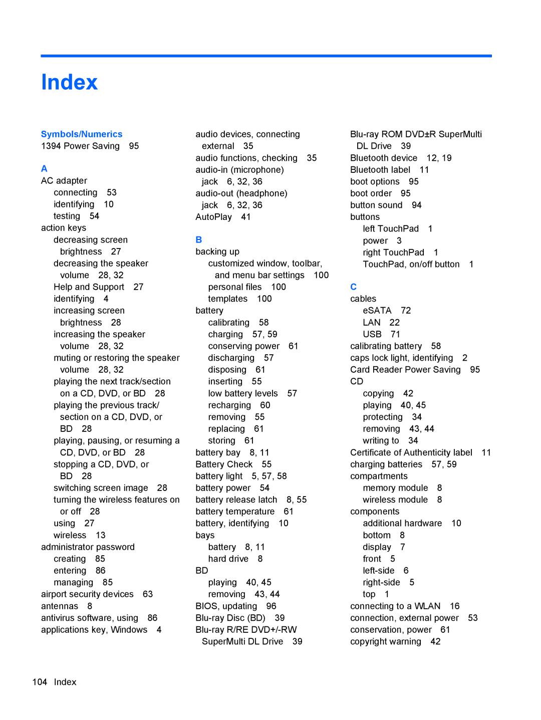 HP dm4-1162us, dm4-1160us manual Index, Symbols/Numerics 