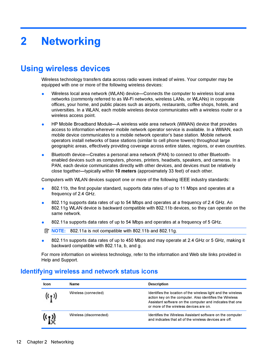 HP dm4-1162us Networking, Using wireless devices, Identifying wireless and network status icons, Icon Name Description 