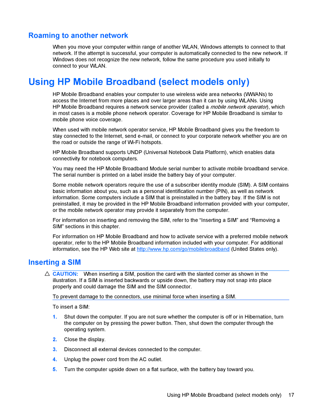 HP dm4-1160us, dm4-1162us manual Using HP Mobile Broadband select models only, Roaming to another network, Inserting a SIM 