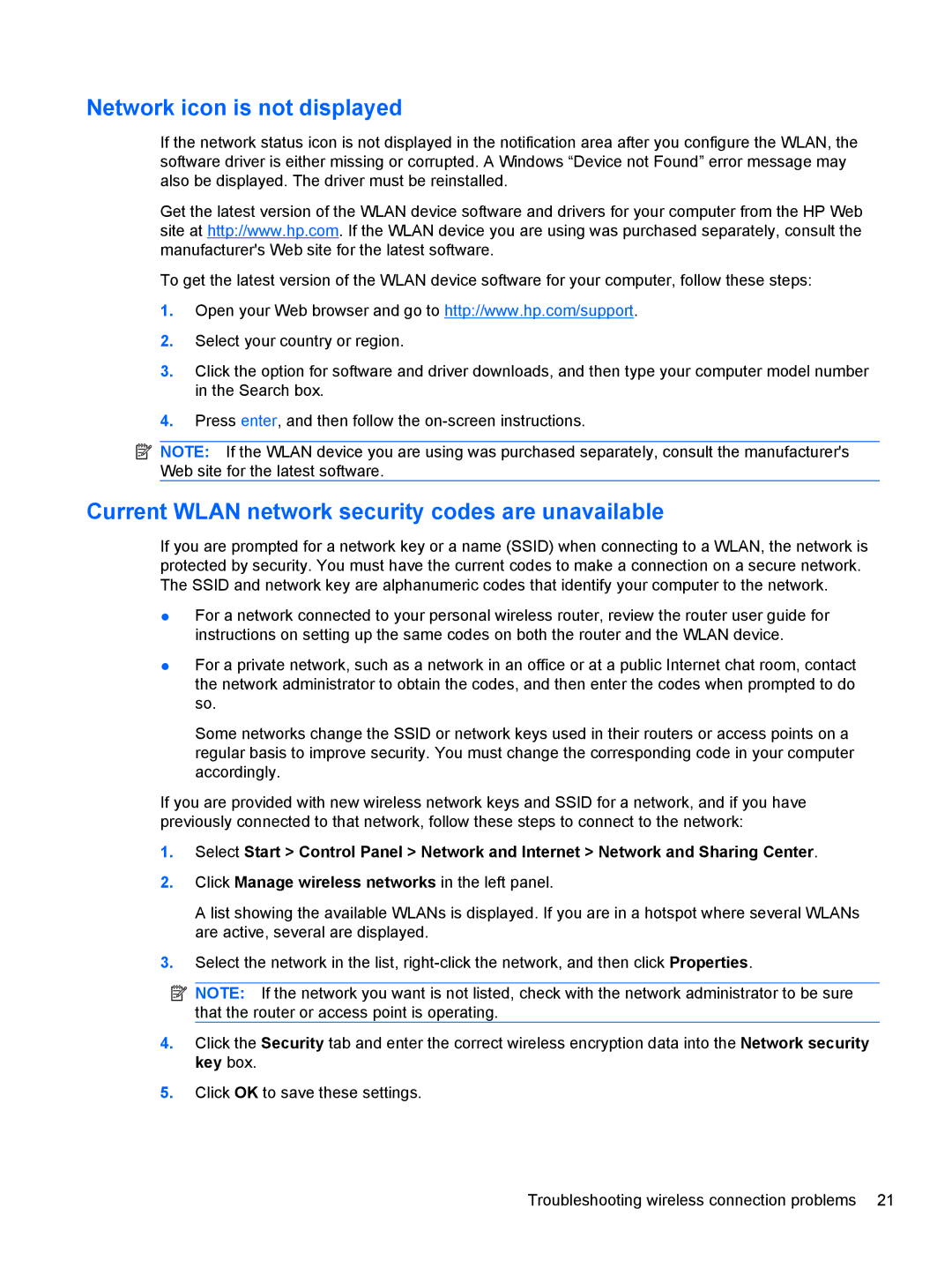 HP dm4-1160us, dm4-1162us manual Network icon is not displayed, Current Wlan network security codes are unavailable 
