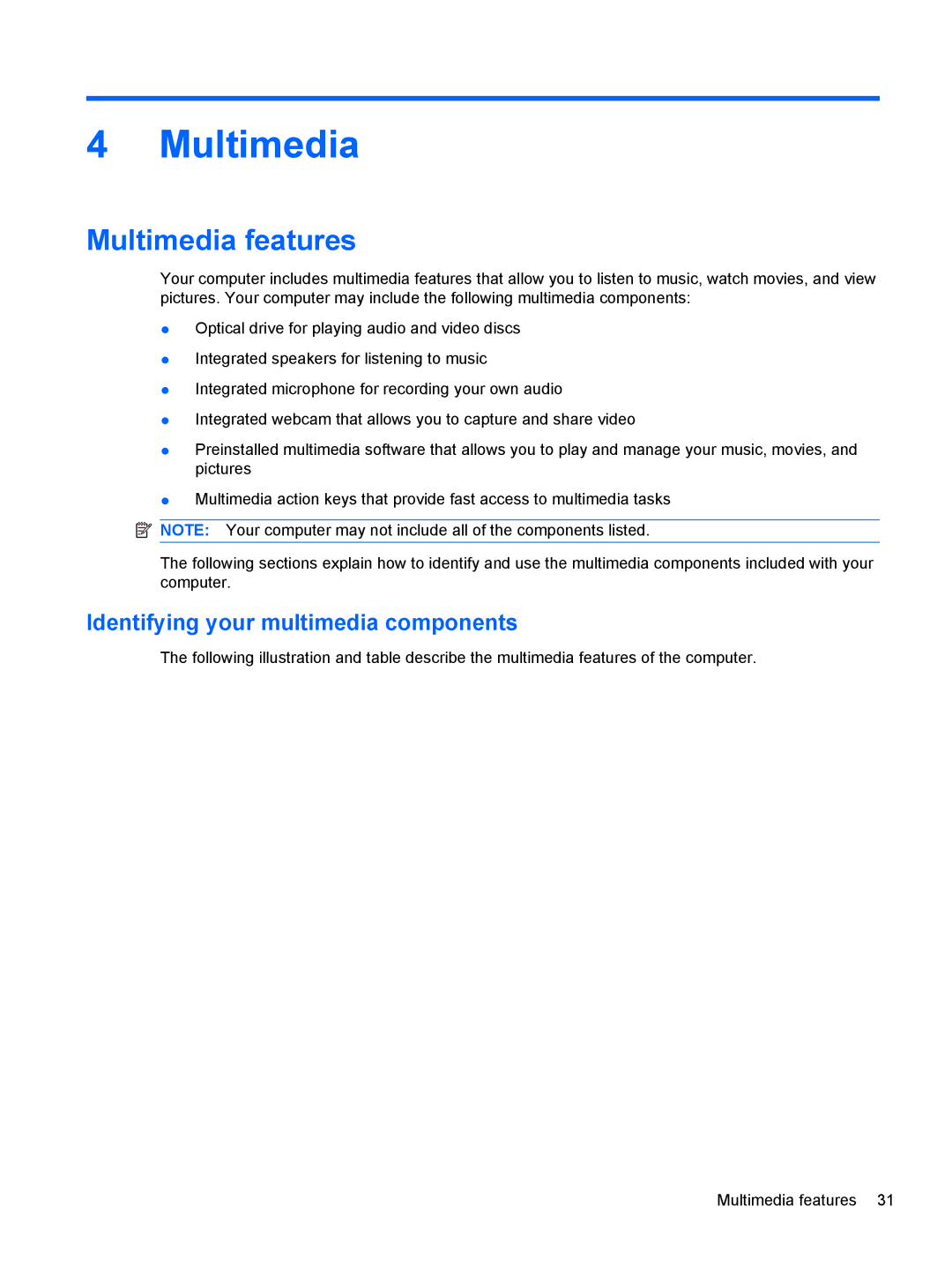 HP dm4-1160us, dm4-1162us manual Multimedia features, Identifying your multimedia components 