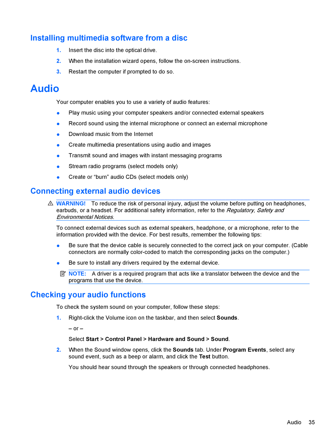 HP dm4-1160us, dm4-1162us manual Audio, Installing multimedia software from a disc, Connecting external audio devices 