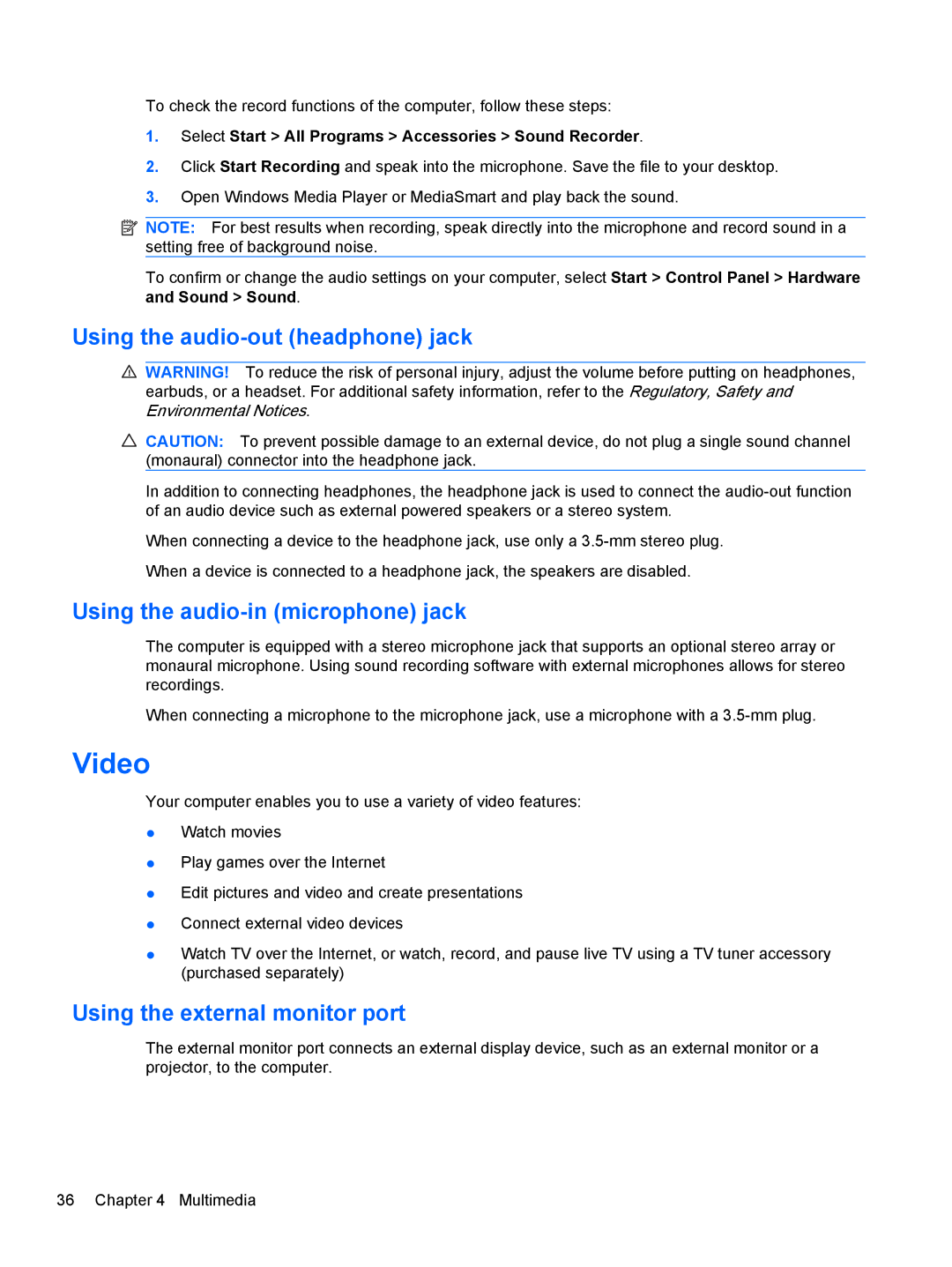 HP dm4-1162us, dm4-1160us manual Video, Using the audio-out headphone jack, Using the audio-in microphone jack 