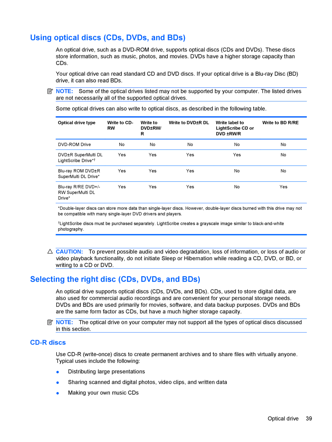 HP dm4-1160us, dm4-1162us Using optical discs CDs, DVDs, and BDs, Selecting the right disc CDs, DVDs, and BDs, CD-R discs 