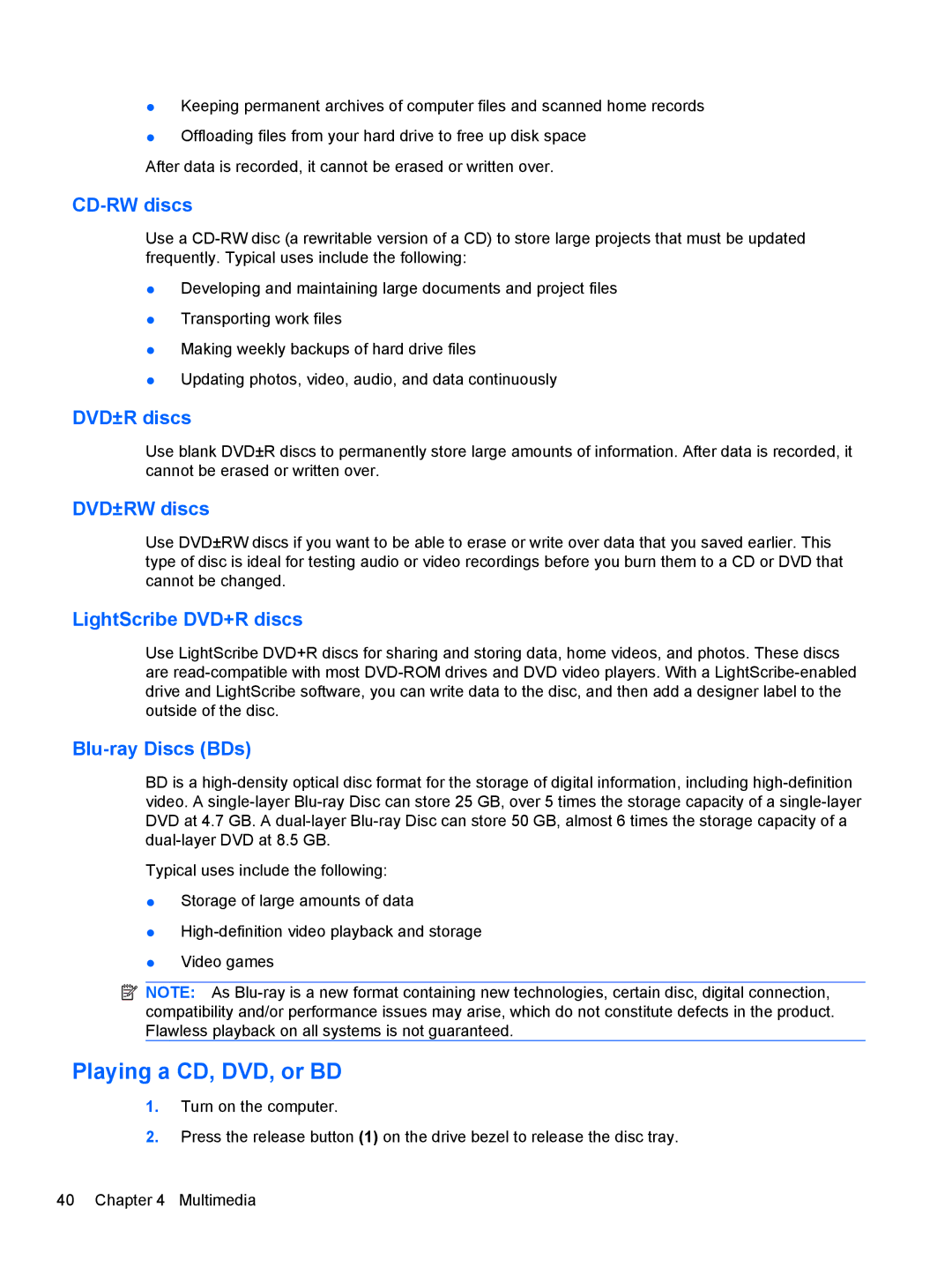 HP dm4-1162us, dm4-1160us manual Playing a CD, DVD, or BD 