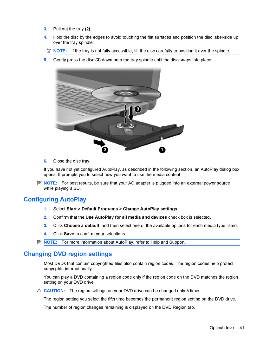 HP dm4-1160us, dm4-1162us manual Configuring AutoPlay, Changing DVD region settings 