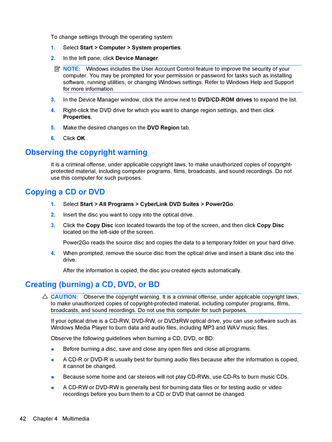 HP dm4-1162us, dm4-1160us manual Observing the copyright warning, Copying a CD or DVD, Creating burning a CD, DVD, or BD 