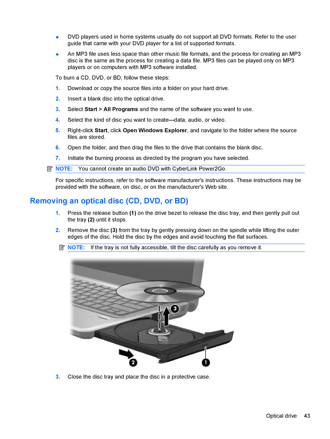 HP dm4-1160us, dm4-1162us manual Removing an optical disc CD, DVD, or BD 