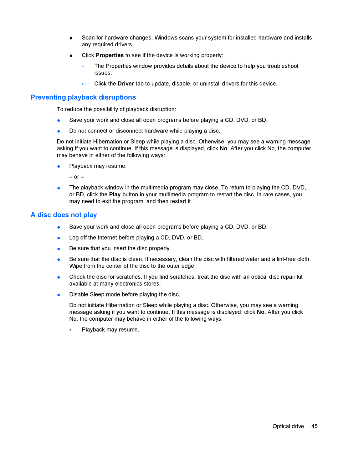 HP dm4-1160us, dm4-1162us manual Preventing playback disruptions, Disc does not play 