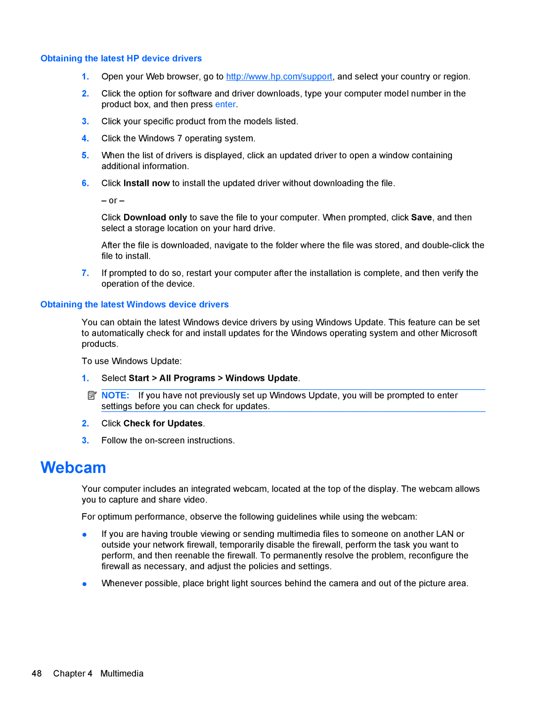 HP dm4-1162us, dm4-1160us manual Webcam, Obtaining the latest HP device drivers 
