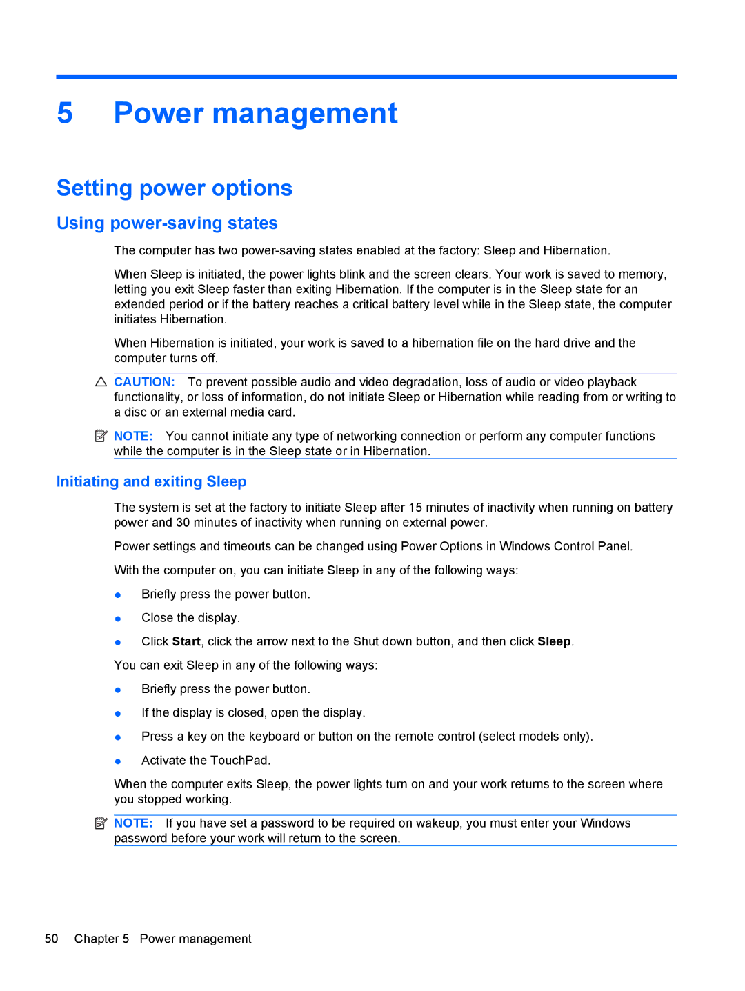 HP dm4-1162us, dm4-1160us Power management, Setting power options, Using power-saving states, Initiating and exiting Sleep 