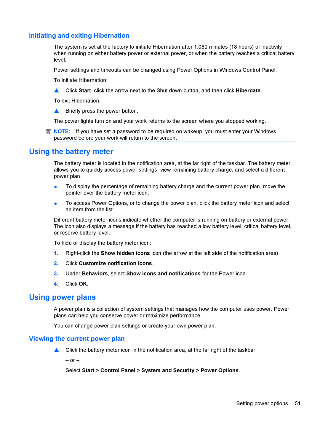 HP dm4-1160us, dm4-1162us manual Using the battery meter, Using power plans, Initiating and exiting Hibernation 