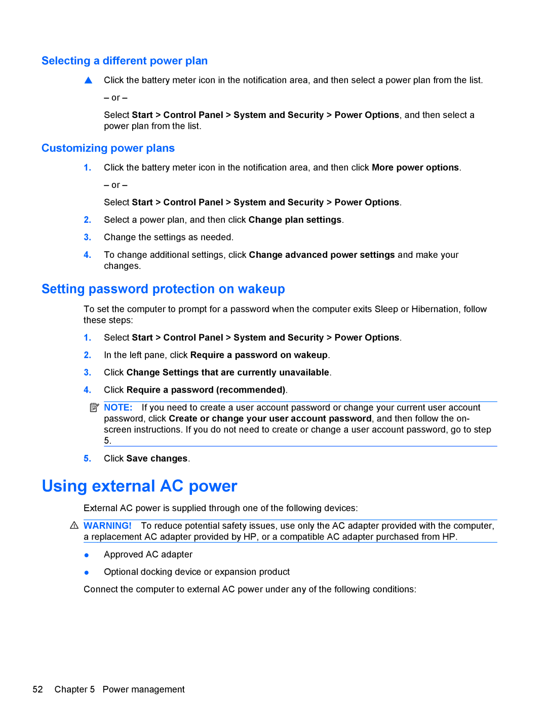 HP dm4-1162us, dm4-1160us Using external AC power, Setting password protection on wakeup, Selecting a different power plan 