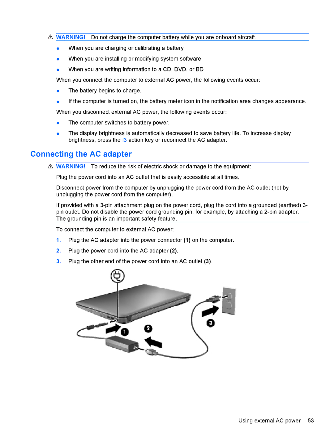 HP dm4-1160us, dm4-1162us manual Connecting the AC adapter 