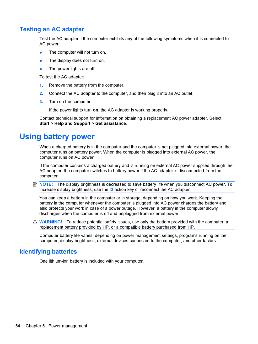 HP dm4-1162us, dm4-1160us manual Using battery power, Testing an AC adapter, Identifying batteries 