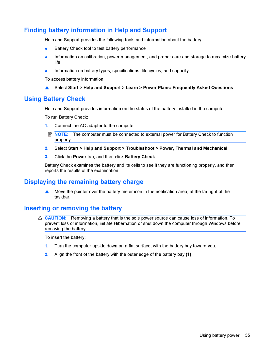 HP dm4-1160us Finding battery information in Help and Support, Using Battery Check, Inserting or removing the battery 