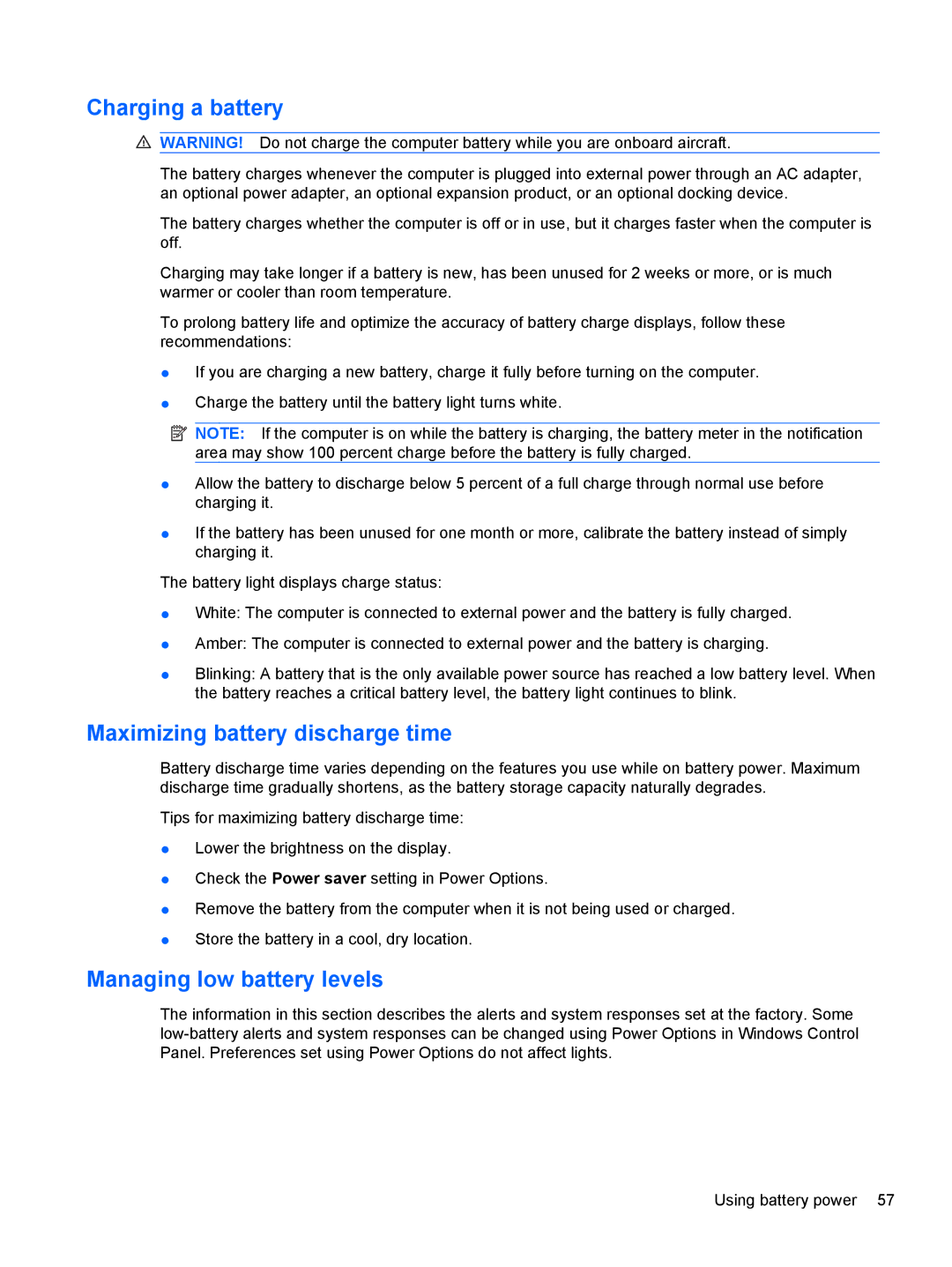 HP dm4-1160us, dm4-1162us manual Charging a battery, Maximizing battery discharge time, Managing low battery levels 