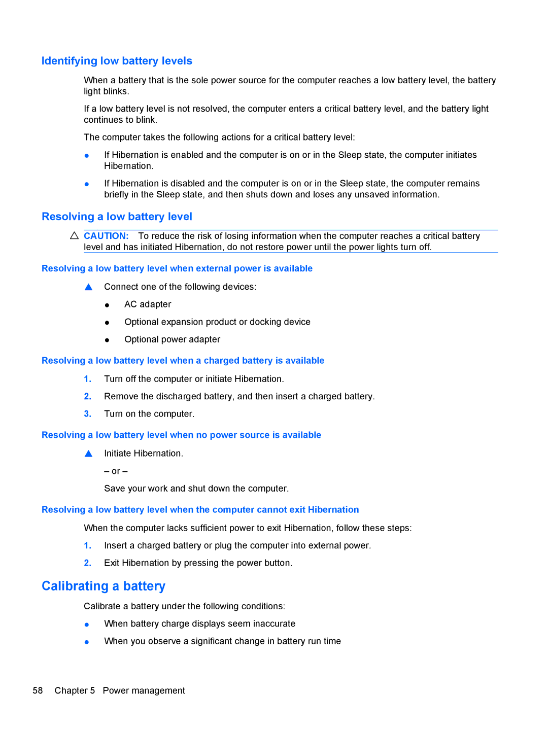HP dm4-1162us, dm4-1160us manual Calibrating a battery, Identifying low battery levels, Resolving a low battery level 